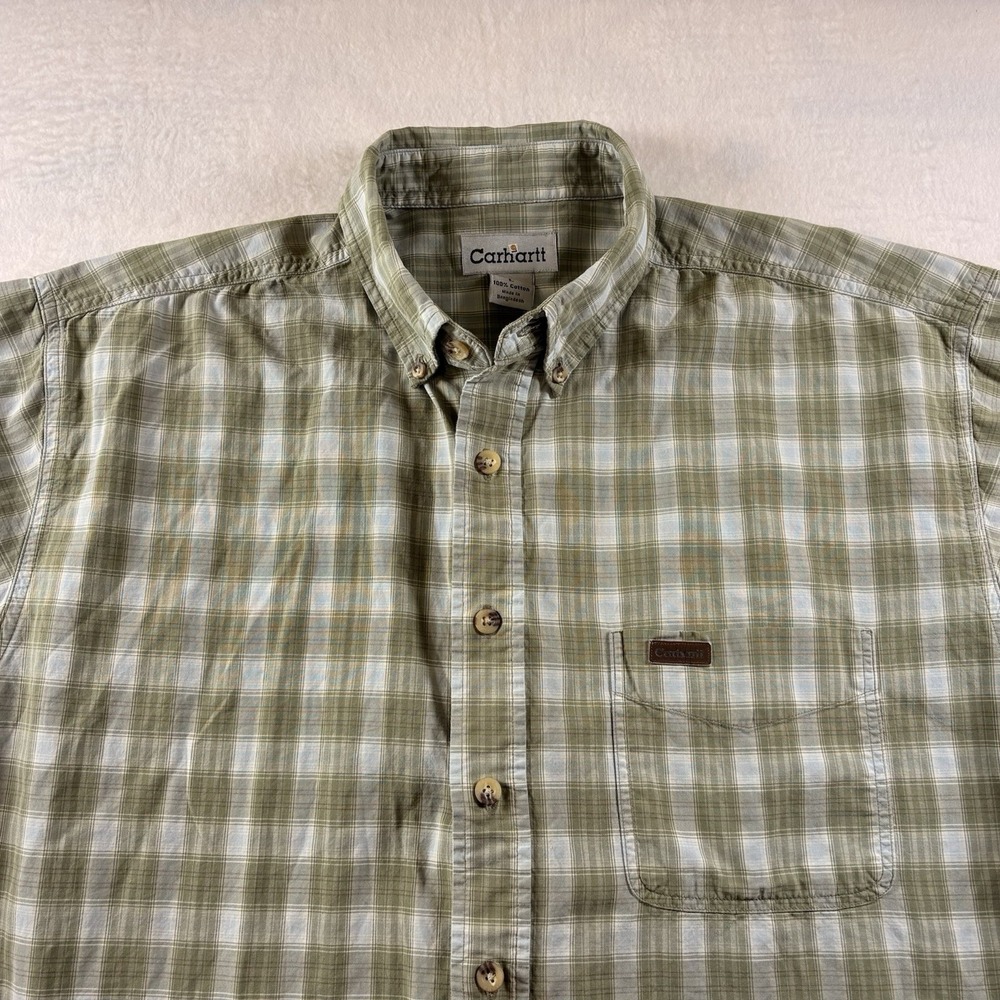 Carhartt Mens Short Sleeve Plaid Button Up Shirt  Large 100% Cotton White green